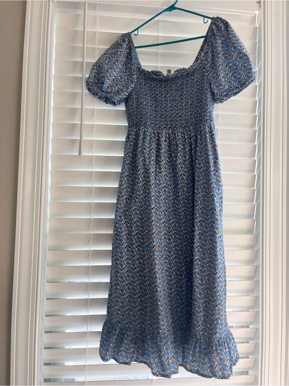 J. Crew Factory Blue Floral Smocked Puff-Sleeve Midi Dress